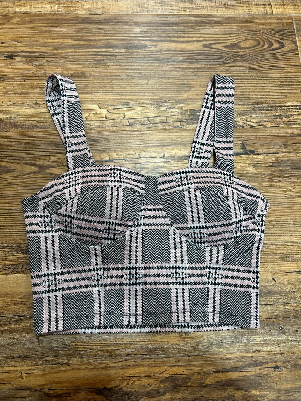 Plaid Structured Bustier Crop Top in Black and Pink